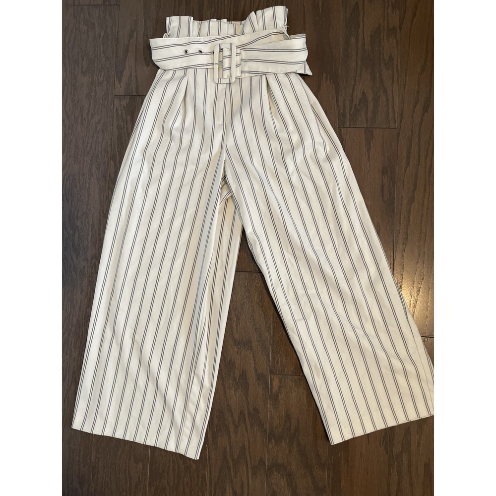 Free People Stripe Pants‎ with Fabric Belt and Wide Waist Band US 2 White/black